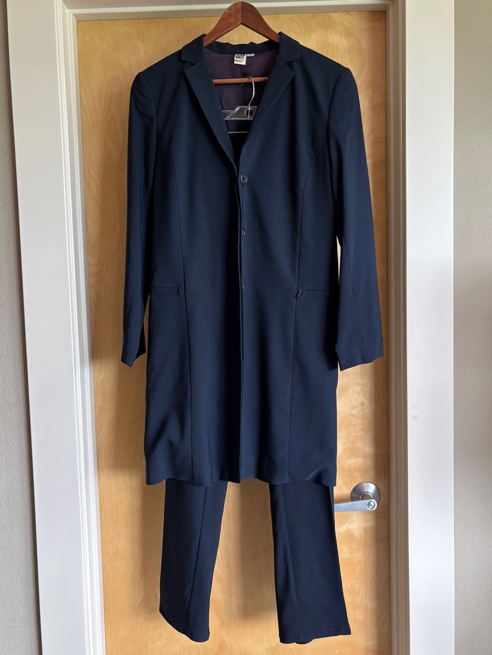 Max Studio 10 Navy Longline Coat & Pants Set Minimalist Tailored Suit 2pc
